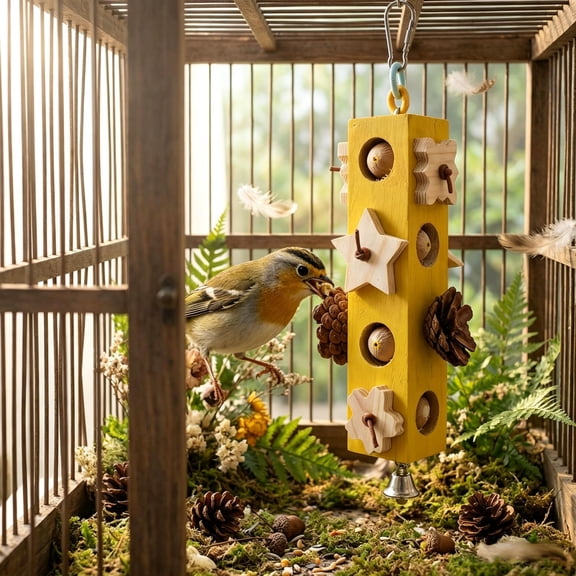 Wooden Parrot Shredder Toy with Pinecones for Cockatoos and Parakeets Cage Hanging Grinding Activity Accessory, Yellow
