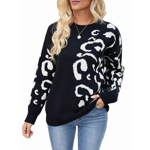 Women Long Sleeve Sweater Fall Casual Crew Neck Knit Tops Leopard Print Cute Loose Pullover Jumper Black XL