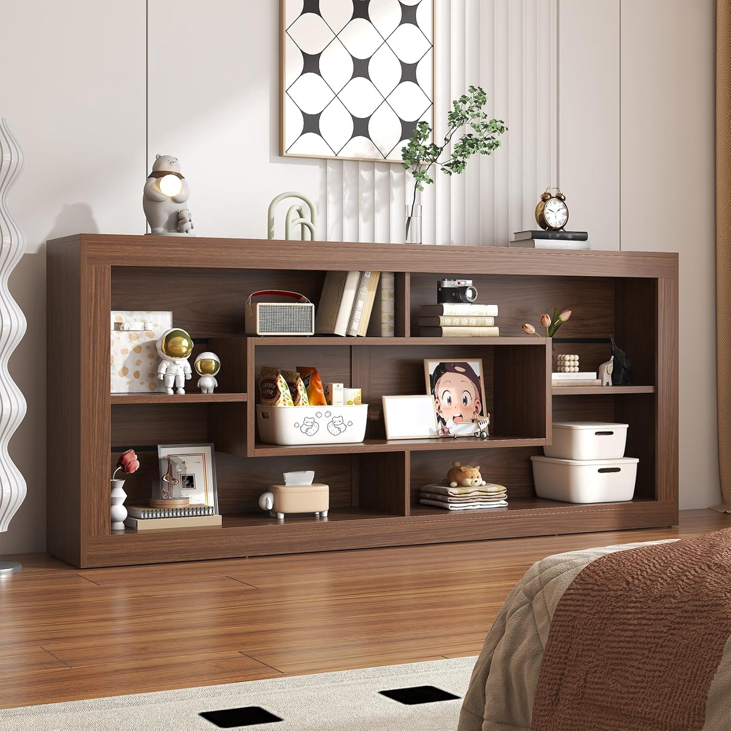 Winkalon Modern Farmhouse 7-Cube Storage Organizer Bookcase, 71” Wide Bookshelf, Large Floor Standing Cubby Shelf Unit with Anti-Tip Kit for Home Office, Living Room, Bedroom,Brown