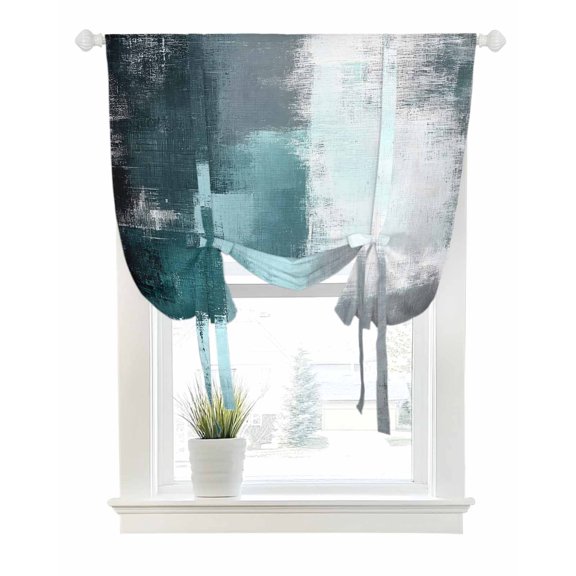 Teal Gray Tie Up Curtains for Window, Thermal Insulted Balloon Shade Adjustable Rod Pocket Curtains Valance Panels for Kitchen Bathroom Cafe 42 x 54 Modern Oil Painted Art Abstract Geometric