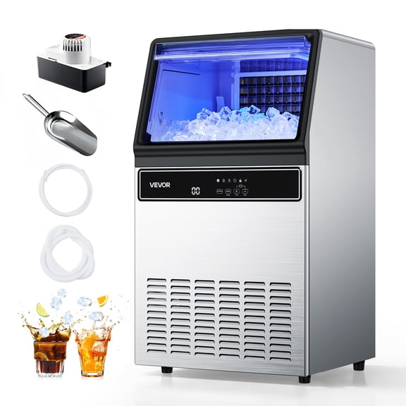 VEVOR Commercial Ice Maker Machine with Pump, 130Lbs/24H with 33Lbs Storage, 45 Cubes per Cycle, Freestanding & Under Counter Ice Maker with LED Display & Self-Cleaning, for Home Bar Restaurant