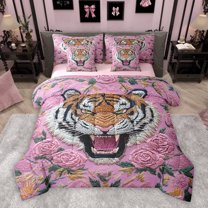 Homewish Cartoon Tiger Print Bedding Comforter Set 7pcs, Chinese Embroidery Artwork King Bedding Sets, Pink Old Fashion Reversible Bed Sheets, Breathable Home Decor