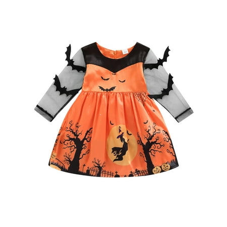 

Kids Toddler Girls Halloween Dress Mesh Stitching Long Sleeve Bat Printed Princess Party Dresses