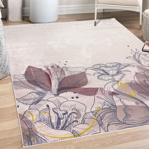 Flower Decorative Rug, Retro Floral Background Hibiscus Silhouettes Dramatic Romantic Nature Art, Quality Carpet for Bedroom Dorm and Living Room, 6 Sizes, Mauve Taupe, by Ambesonne