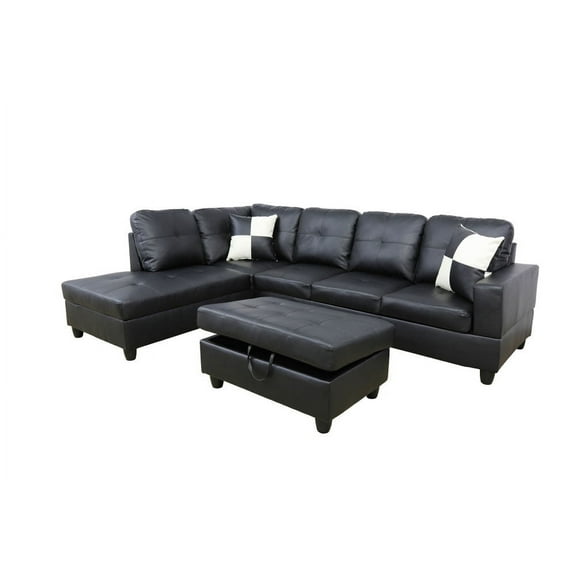 PonLiving Furniture Gaitani 103.5''Living Room Sectional Sectional with Storage Ottoman Black Leather