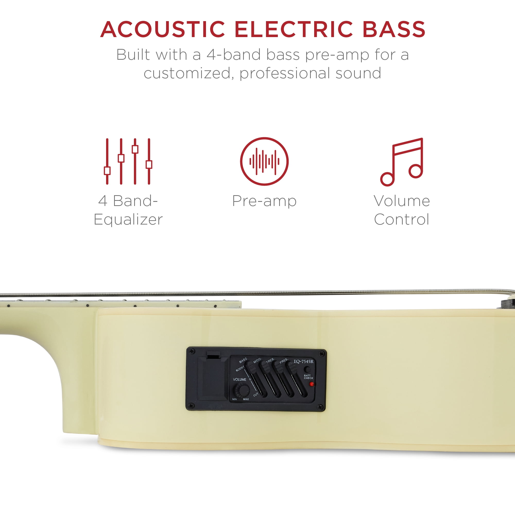 Best Choice Products 22-Fret Full Size Acoustic Electric Bass Guitar w/ 4-Band Equalizer, Truss Rod, Padded Gig Bag - Cream White