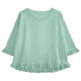 thumbnail image 5 of Wang6 Womens 3/4 Sleeve Tops Elegant Crew Neck Ruffle Trim Tshirts Ladies Causal Solid Going out Tees Shirts Green 0713-3/4 sleeve tshirts L, 5 of 5