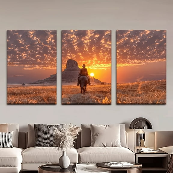 3pcs/set, Canvas painting--Unframed, 30x20inch, Western cowboy riding a horse at sunset, Wall decoration, bedroom, living room, library, office, cafe, bar, abstract art, perfect birthday, holiday gi