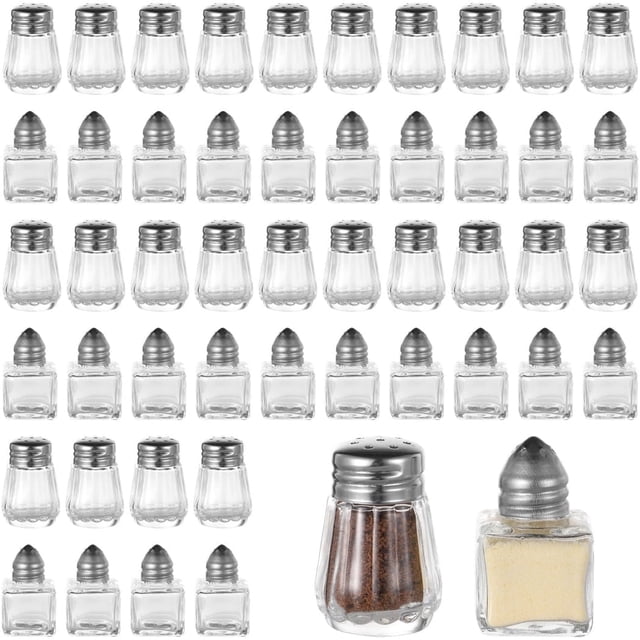 Juego de mini saleros y pimenteros, transparentes, recipientes de vidrio para especias, tarros portátiles para cocina, picnics y bodas, 50 unidades