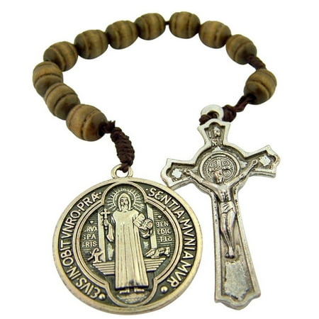 Childrens Rosary Beads - Brown Wood Prayer Bead Pocket Rosary with Saint Benedict Medal and Crucifix, 9 Inch