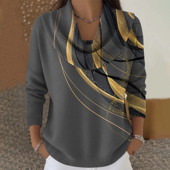 Dwralegc Womens Sweaters Trendy Printed Scrub Long Sleeve Knit Blouses Cowl Neck Tops Jumper Fashion Fall Winter Sweaters Dark Gray 2XL