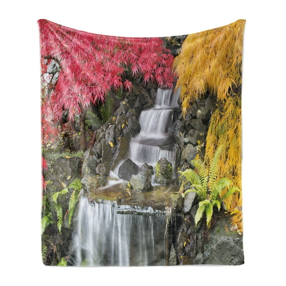 Rainforest Soft Flannel Fleece Throw Blanket, Tropical Fall Stream with Colorful Exotic Flowers Nature Wildlife, Cozy Plush for Indoor and Outdoor Use, 60" x 80", Pink and Yellow, by Ambesonne