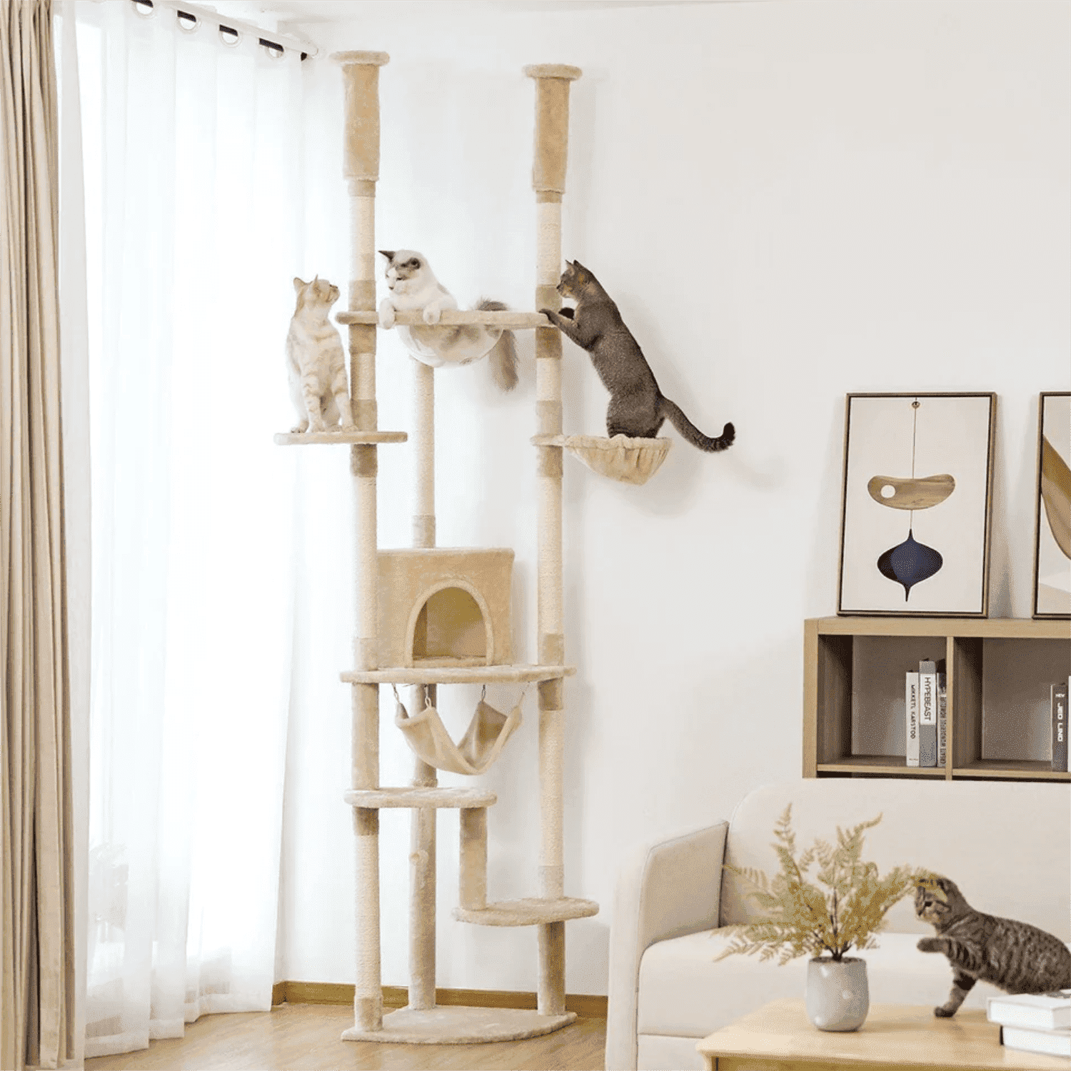 Pefilos Floor to Ceiling Cat Tree for Indoor 92.9"-101.6" Height Adjustable Cat Tower Tall Kitty Climbing Play House with Scratching Posts, Cozy Cat Condo, Perches and Large Hammock, Beige