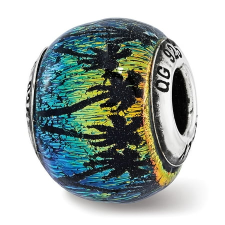 Italian Murano Glass Flower - Solid 925 Sterling Silver Reflections Palm Trees Rainbow Italian Murano Glass Bead (10.7mm x 13.1mm)