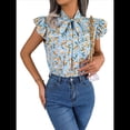 thumbnail image 2 of Blusas Bohemias de con Cuello Alto, Corta con Volantes y Estampado Floral para Mujer, Estilo Informal, Elegante, de Verano 2025. Azul L, 2 of 7