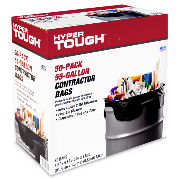 Hyper Tough Contractor Trash Bags, Black, 55 Gallon Capacity, 50 Bags