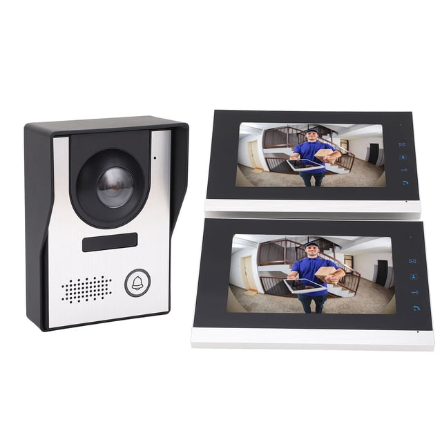 Wired Video Door Bell System, Rainproof 2 Way Talk Multiple Ringtones Video Intercom Door Phone Kit with 2pcs 7 Inch Screen for Apartment for Home US Plug AC100-240V,EU Plug