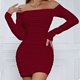 thumbnail image 1 of Vestido de Color Sólido para las Mujeres Fuera Del Hombro Manga Larga Plisado Bodycon sin Espalda Traje de Vacaciones, 1 of 5