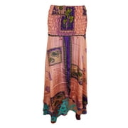 Mogul Womens Tube Dress Vintage Silk Sari Peach Two Layer Flirty Maxi Skirts