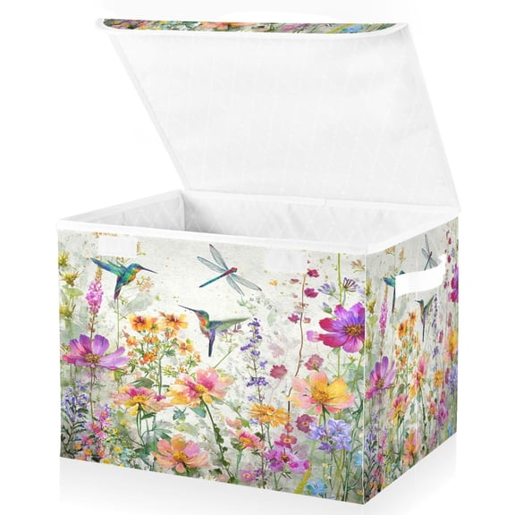Wobogo Hummingbirds and Wildflowers Large Collapsible Storage Box Flip Lid Fabric Decorative Organizer Container Basket with Handles 16.5×12.6×11.8in
