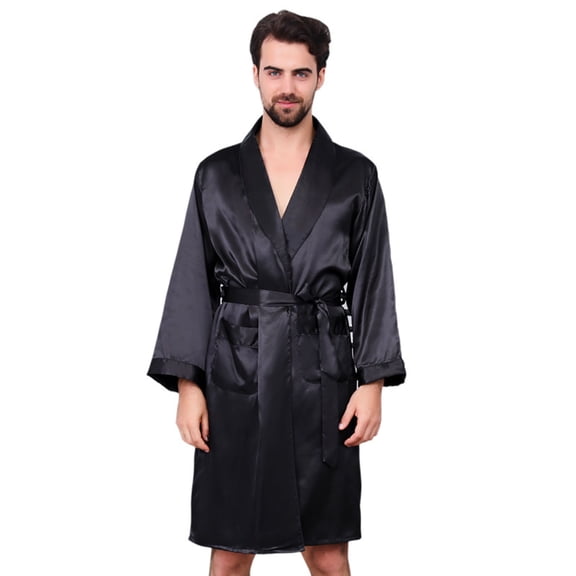 Men's Silk Robe for Wear and Sleepwear Exquisite Soft Long Sleeve Kimono Style Bathrobe for Comfortable Home Attire Black L