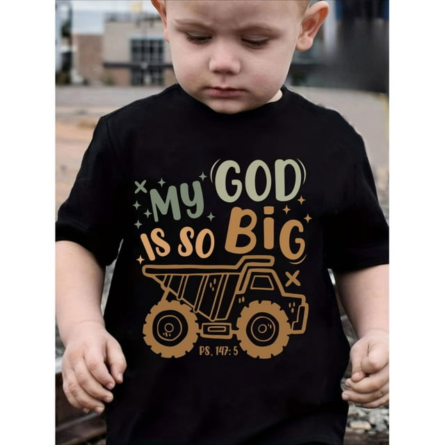 T-Shirt Graphique Bulldozer « My God Is So Big » pour Garçons GOURD DOLL - 100 % Coton, Manche Courte, Col Rond, Tenue d'Été Décontractée, Lavable à la Machine, Imprimé Aléatoire, Coupe Régulière, 12 Ans et Moins