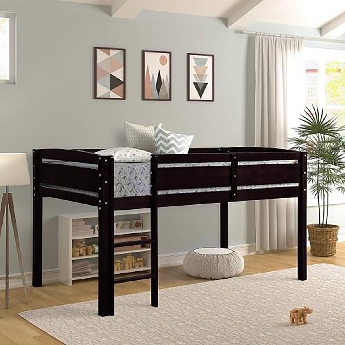 Solid Wood Loft Bed Twin Low Loft Bed Frame with Guardrail and ladder