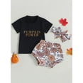 thumbnail image 2 of Wassery Baby Girls Halloween Clothes 6 12 18 24 Months Infant Summer Casual Pants Set Short Sleeve Letter Print T-Shirt and Pumpkin/Floral Print Elastic Shorts Headband Set 3Pcs, 2 of 9