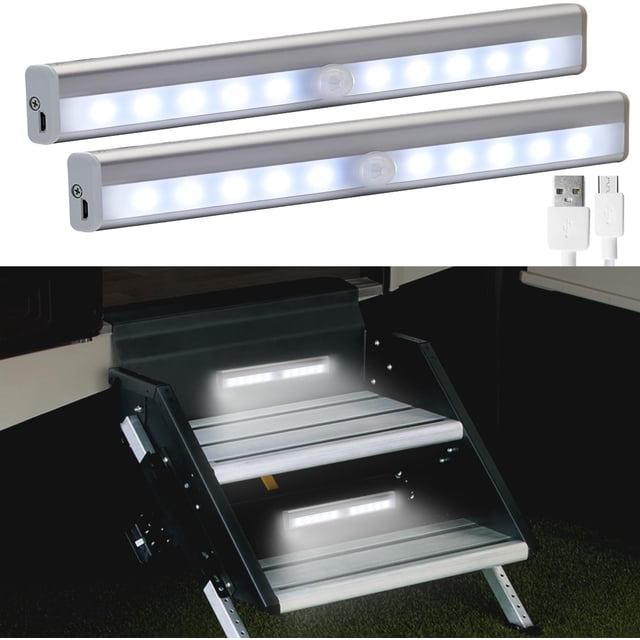 Motion Activated RV Step Lights, 10 LED USB Rechargeable RV Motion Sensor Led Strip Light, Wireless Magnetic Camper Step Lights Bar for Motorhome Travel,Travel Trailers, and Camping (2 Pack)