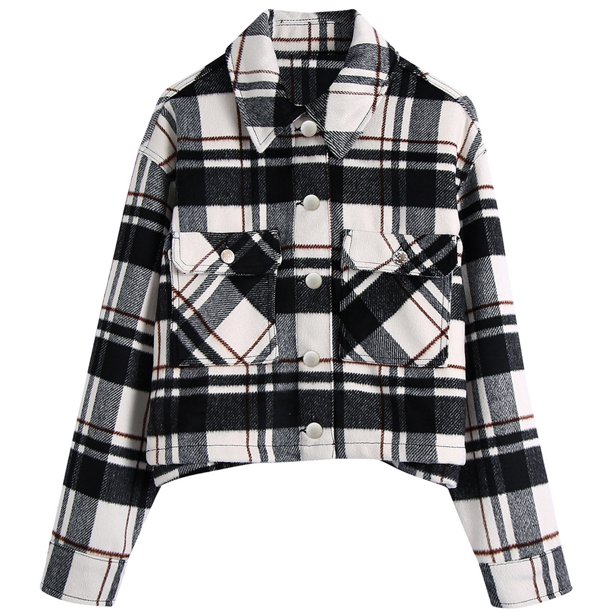 Puntoco Abrigo Mujer Solapa Bolsillo Moda Casual Chaqueta Corta A Cuadros Liquidación Puntoco Puntoco-1