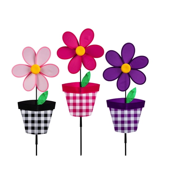 Plaid Flower Pot Pinwheel Spinner, 3 Assorted