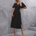 thumbnail image 4 of Vestido Maxi de Manga Larga para las Mujeres Caída Sólido de Manga Corta Cuello en V Plisado Vestido Maxi Midi, Cintura Elástica Boho Vestido de Playa con Bolsillos, 4 of 7