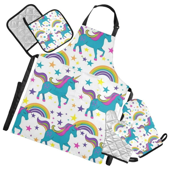Unicorn Rainbow Stars 5 Pcs Kitchen Set Heat Resistant Oven Mitts and Non-Slip Pot Holders with Adjustable Cooking Apron