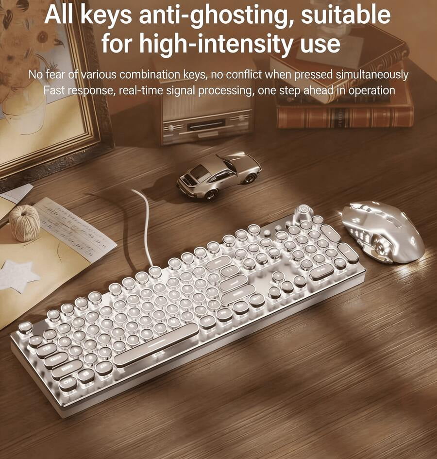 Retro Steampunk Typewriter Mechanical Keyboard, RGB Backlit 104 Keys Blue Switch Gaming Keyboard With Multifunctional Knob, Full Anti-Ghosting Wired Keyboard For PC Gamer Office