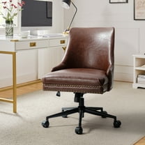 Vegan Leather Task Chair Swivel Home Office Chair Height Adjustable Mid-back Upholstered Nailhead Trim Bedroom Brown