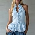thumbnail image 2 of Craaazy Boho Tops for Women Sleeveless Halter Neck Solid Color Ruffle Trim Button Down Shirts for Everyday, 2 of 7