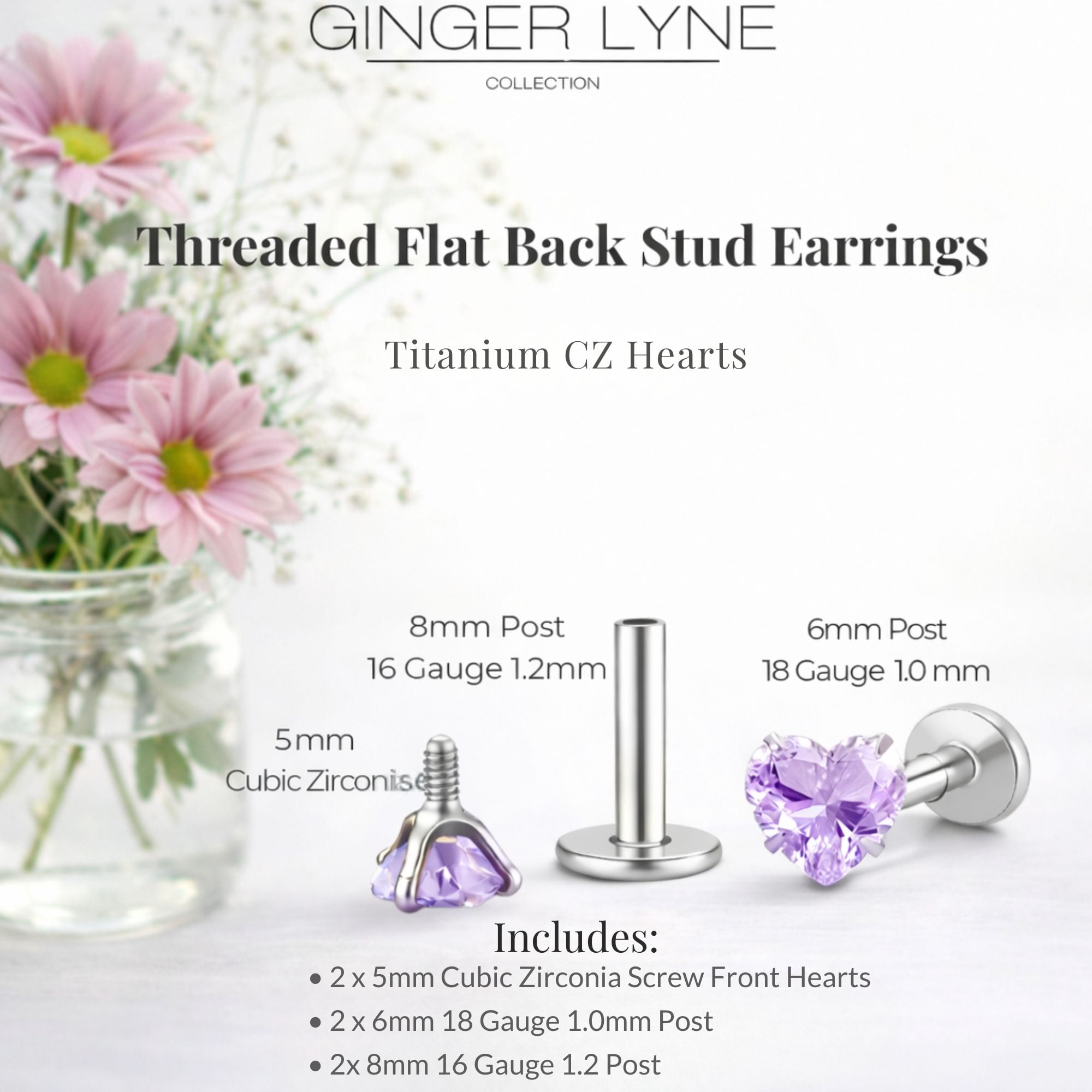 Small Heart CZ Solitaire Flat Back Stud Earrings Body Piercings by Ginger Lyne 2 Sets Post 6mm 8mm Included