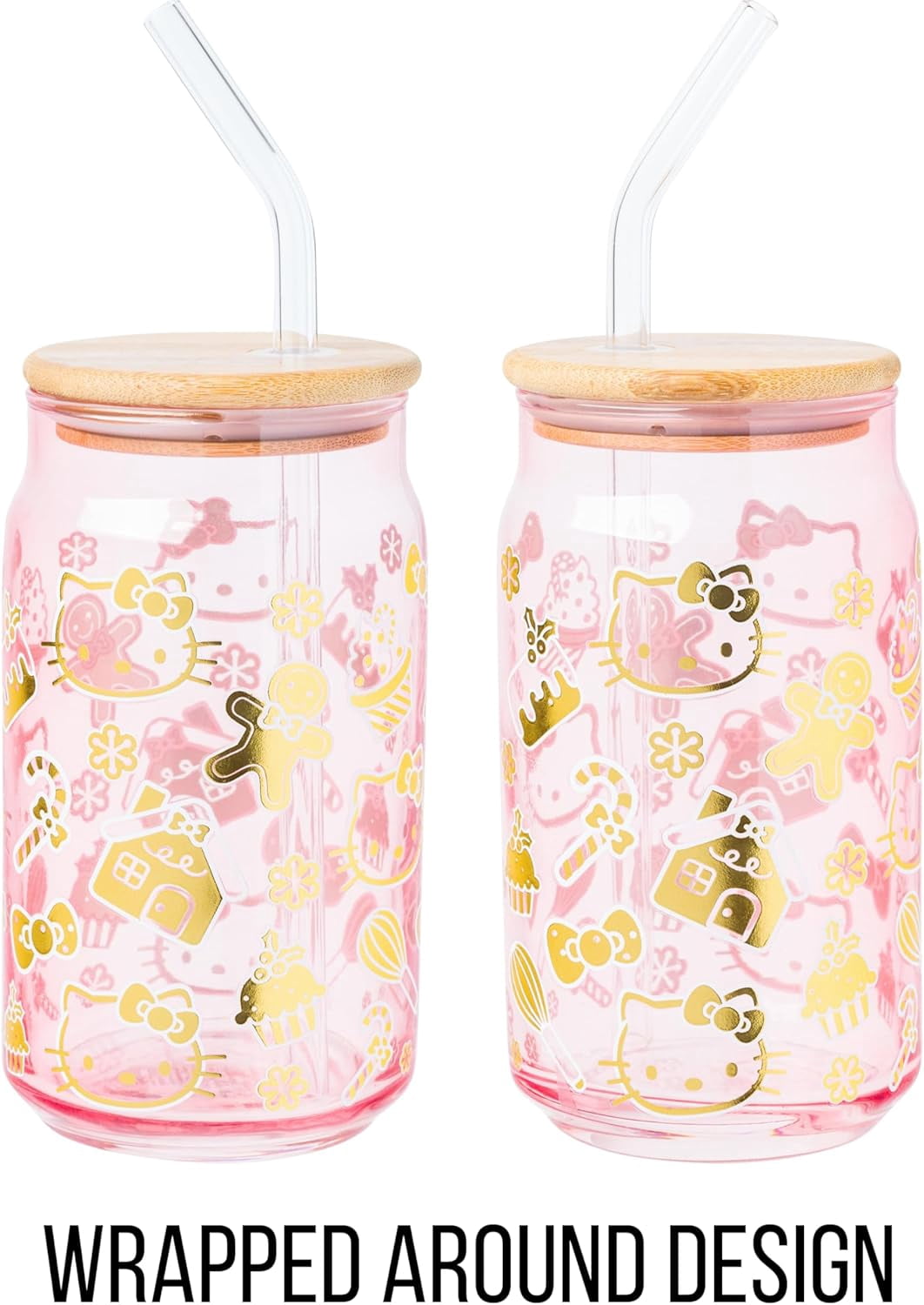 Silver Buffalo Sanrio Hello Kitty Gingerbread Cookies Christmas Holiday Pink and Gold Foil Glass Jar Tumbler with Bamboo Lid and Glass Straw, 16 Ounces