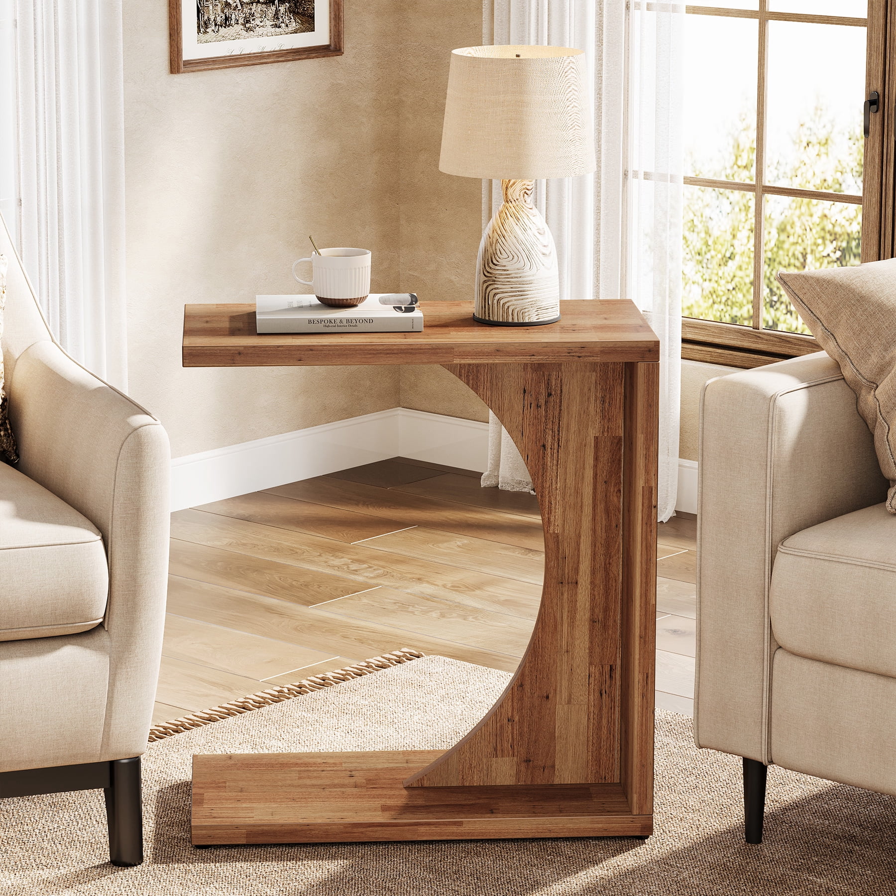 Fnova End Table Farmhouse C-shaped Side Table, Narrow Wooden Sofa Table with Space-Saving Design, Modern Bedside Table, Easy Assembly, Corner Table for Living Room, Bedroom, Nightstand, Brown