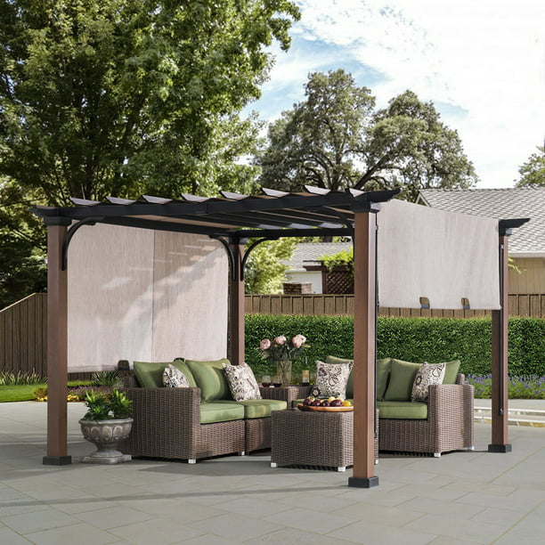 Sunjoy Mesquiter Pergola With Canopy And Cover 9 X9 Patio Outdoor Square Gazebo Shade Beige Com - Sunjoy Patio Furniture Covers