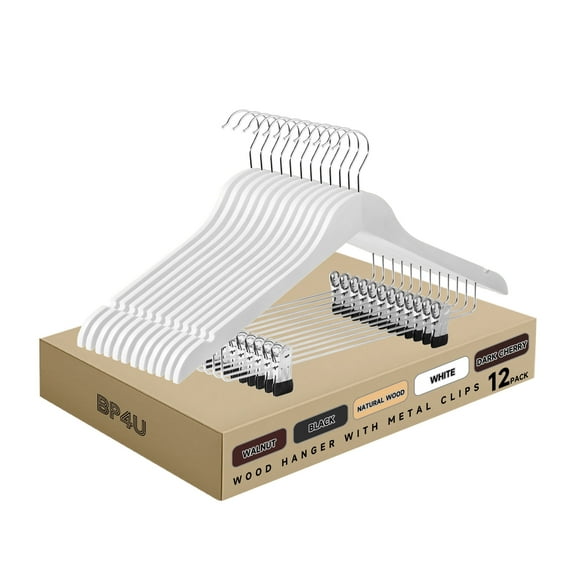 BP4U 12-Pack Wooden Hangers with Adjustable Metal Clips, Solid Wood Suit Hangers for Skirt, Dress, Coats, Jacket and Pants