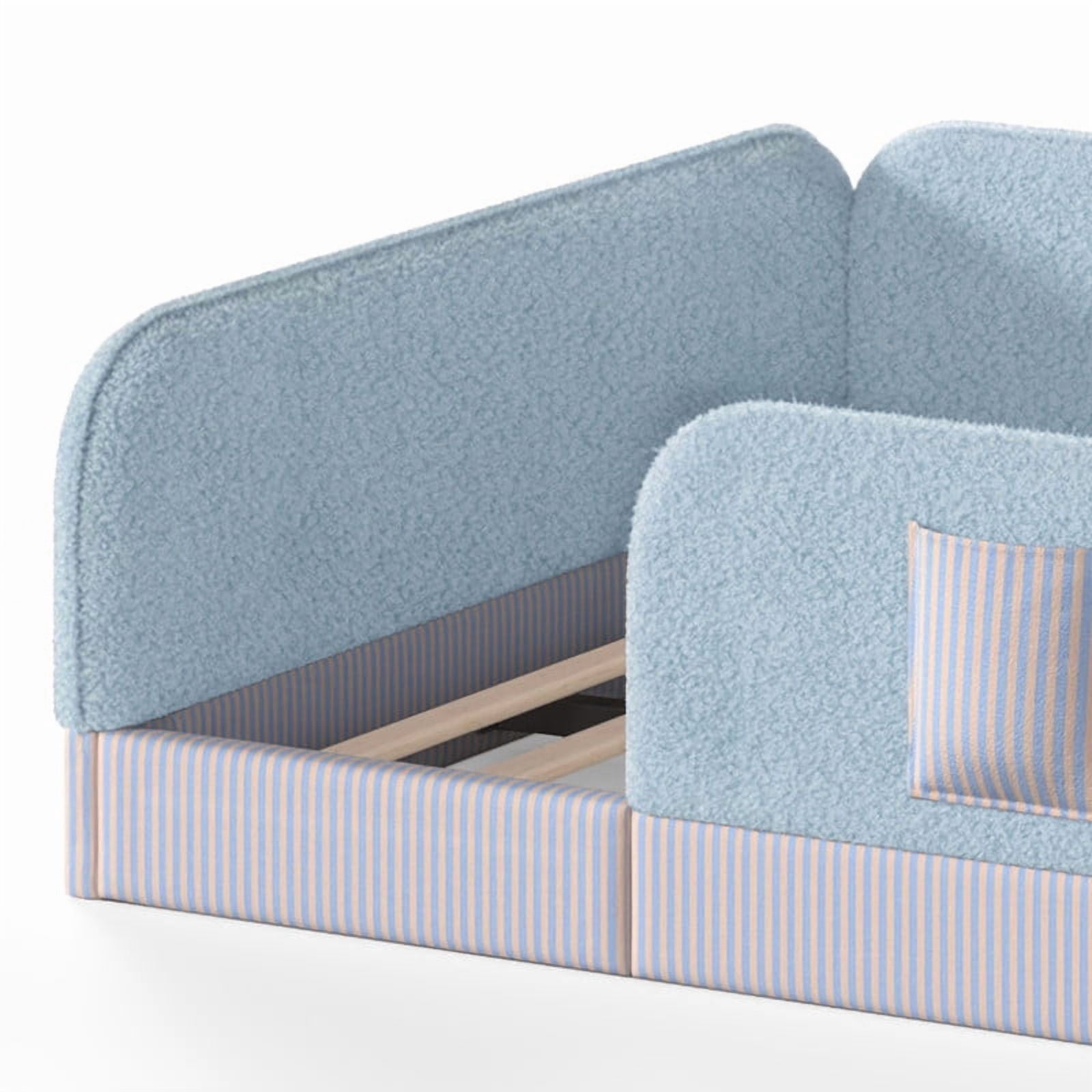 Queen Size Kid's Upholstered Floor Bed Frame, Montessori-Style Low Profile Platform Bed with Safety Guardrail & Storage Pockets