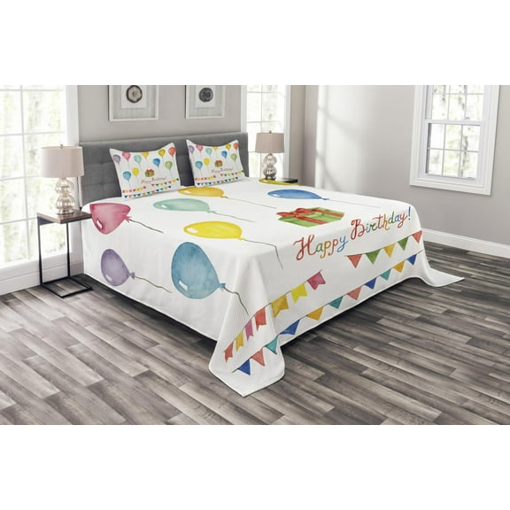 Ambesonne Festival Quilted Bedspread Set 3 Pcs, Watercolor Birthday, Queen Size, Multicolor