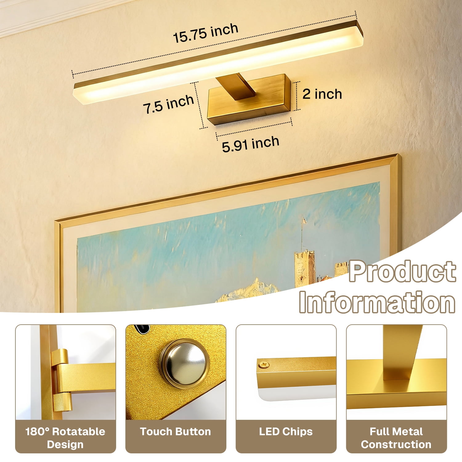 Behome Bathroom Vanity Light, 3-Light Modes Modern Vanity Light Over Mirror, 16 inch Vanity Lighting Fixture Dimmable 3CCT LED Bar Vanity Light for Bathroom Restroom, Gold