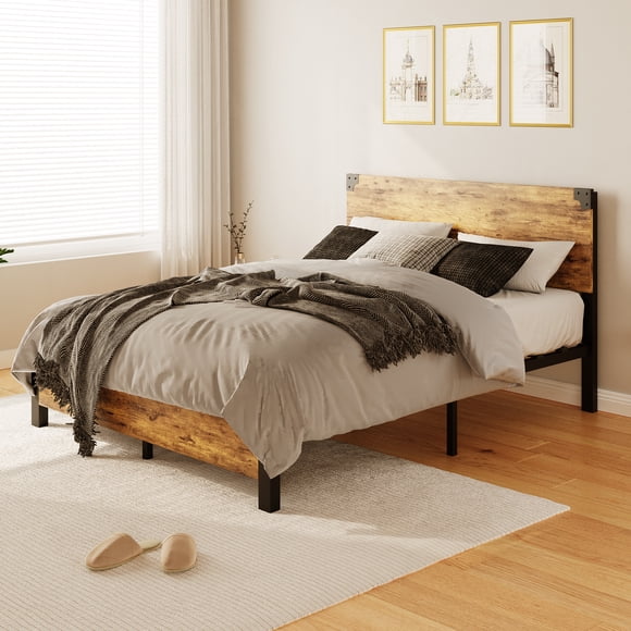 Cama infantil Queen sin cajones – Plataforma metálica, cabecera de madera – Robusta, silenciosa, fácil de montar, sin base – Ideal para dormitorio infantil – New structure drawerless wooden bed QUEEN