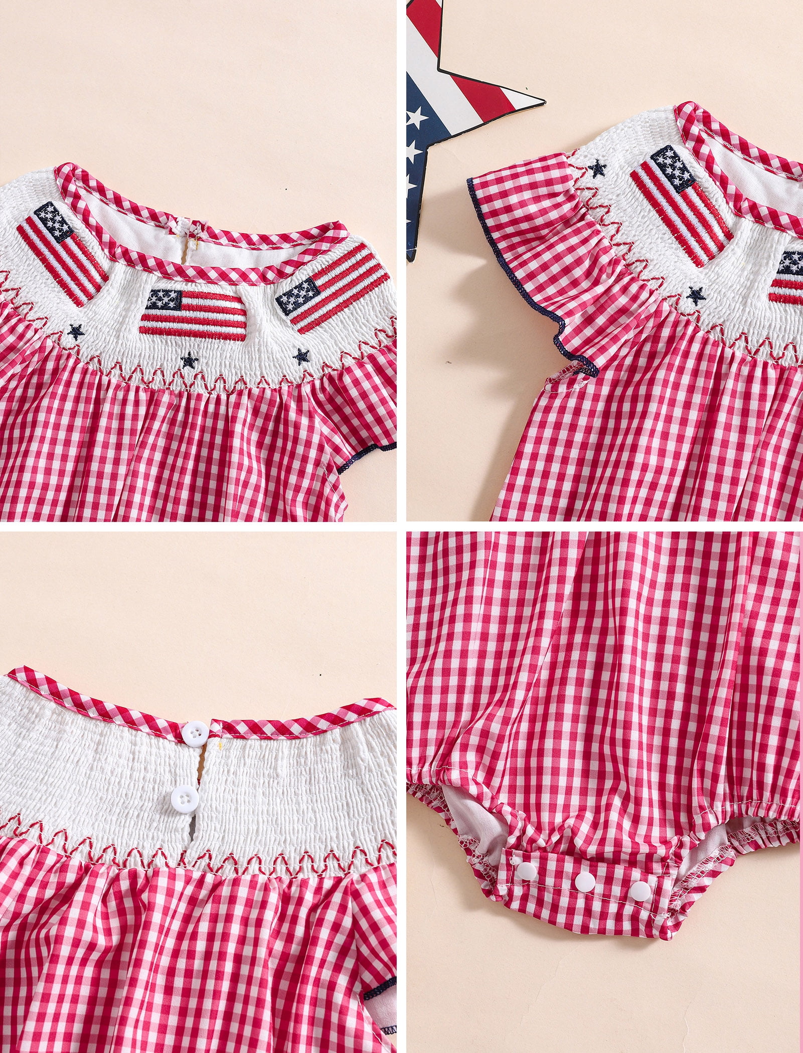 OBEEII Newborn Baby Boys Girls Smoked Romper Embroidery Round Neck Ruffle Sleeve Bubble Bodysuit Summer Clothes Causal Outfits