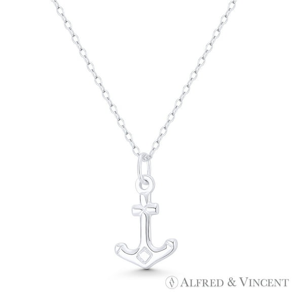 Ship's Anchor Sailor & Seaman Luck Charm Reversible Flat Pendant & Cable Chain Necklace in .925 Sterling Silver