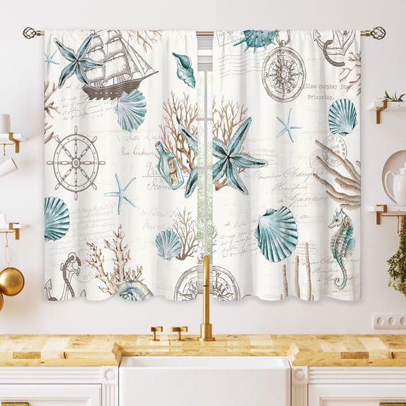 2 Pcs Vintage Starfish Seashell Coastal Kitchen Curtains, Coral Nautical Ocean Beach Short Tier Curtains for Bathroom Dining Room, 56x40 Inch