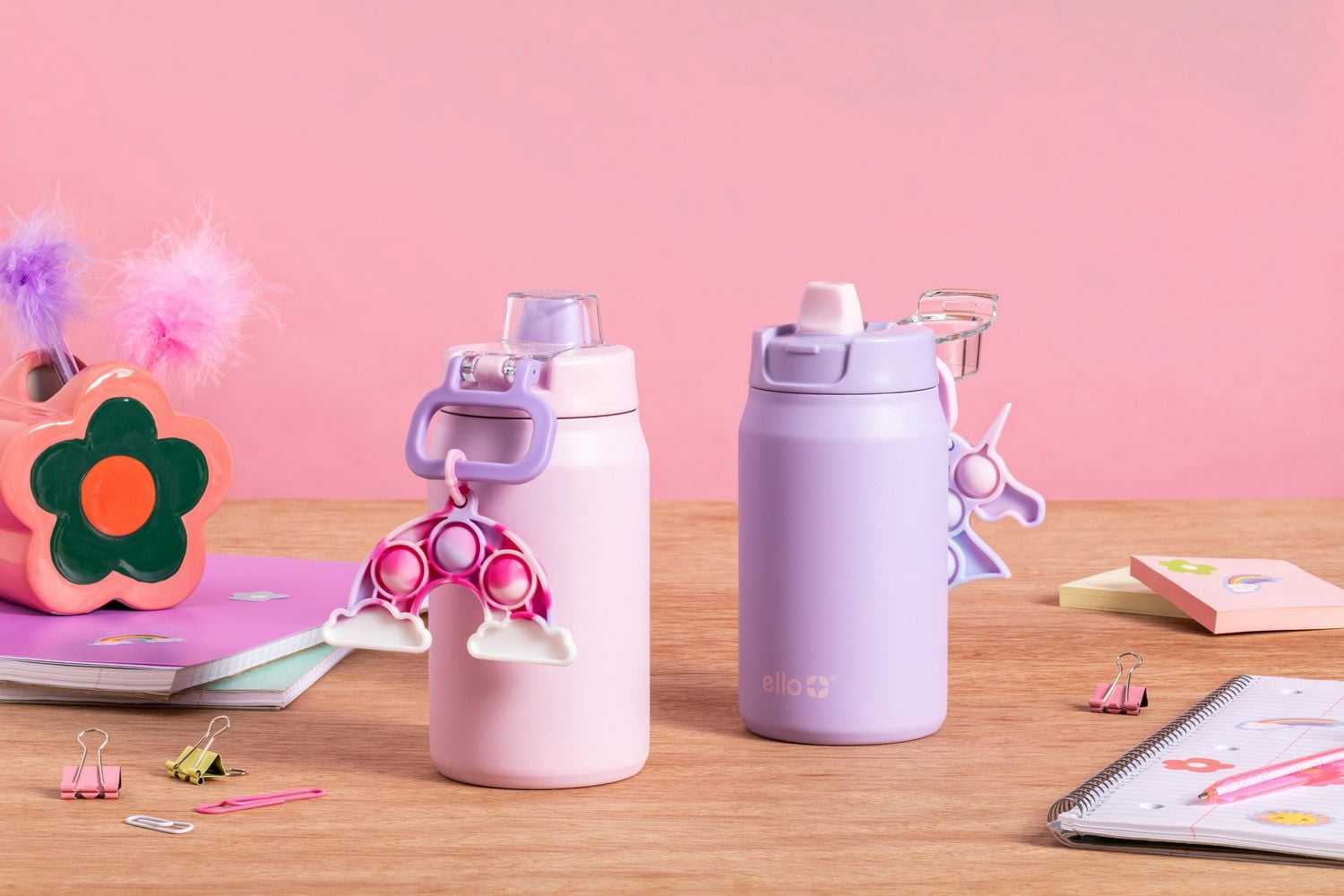 Ello Milo12oz Pink Powder coat with Unicorn Fidget Charm