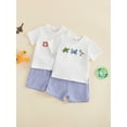 thumbnail image 3 of BemeyourBBs 2Pcs Toddler Baby Boy Summer Clothes Infant Baby Boys Summer Outfits Short Sleeve Sailboat Animal Embroidery T Shirt Tops and Elastic Waist Striped Pockets Shorts Set, 3 of 9